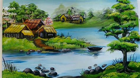 Village Scenery In Beautiful Landscape Acrylic Painting Youtube