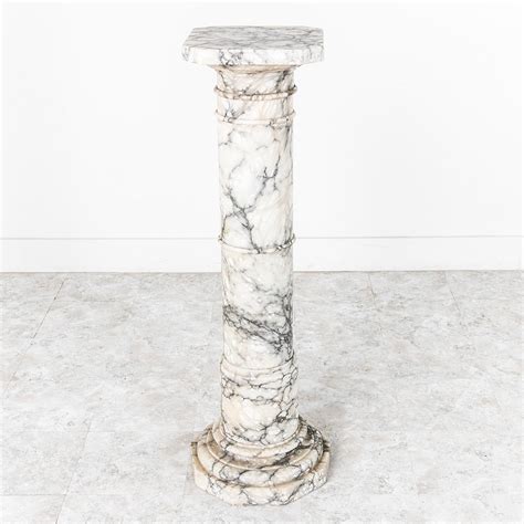 Exceptional Large Octagonal Base White And Gray Marble Column Or