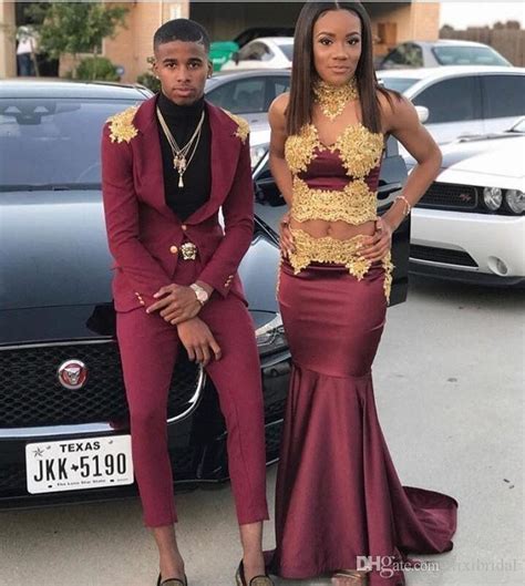 2018 Black Girls Couple Fashion Burgundy With Gold Lace Appliques Prom