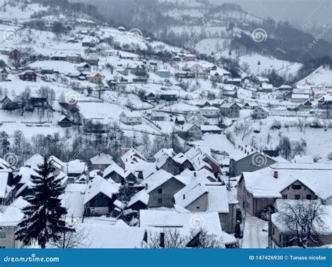 Winter Landscape With Mountains And Trees Village Houses Rural Snow In