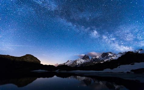 Night Lake Mountains Sky Stars Water Reflection