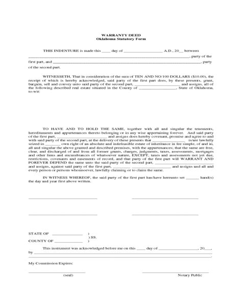 Statutory Warranty Deed Form Oklahoma Edit Fill Sign Online