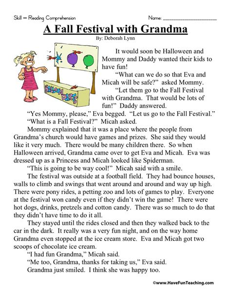 Monday is my favourite day. Reading Comprehension Worksheet - A Fall Festival With Grandma