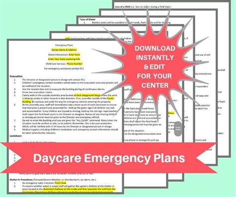 Daycare Emergency Plans Childcare Center Printable Daycare Etsy