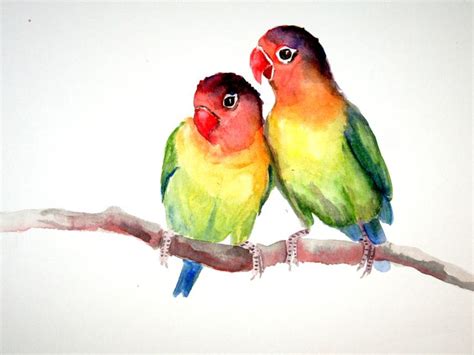Lovebirds Original Watercolor Painting 9x12 Parrots Nursery Art