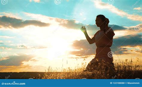 Girl Folded Lifestyle Her Hands In Prayer Silhouette At Sunset Woman