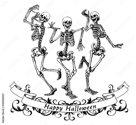 happy halloween dancing skeletons isolated vector illustration for fun party poster stock vector