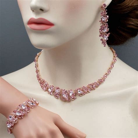 Rose Gold Plated Pink Crystal Necklace Earrings Bracelet Wedding