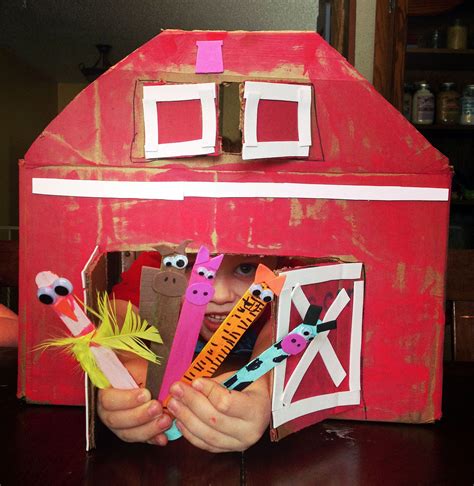 Farm Crafts Cardboard Box Barn And Popsicle Stick Animals Farm Craft