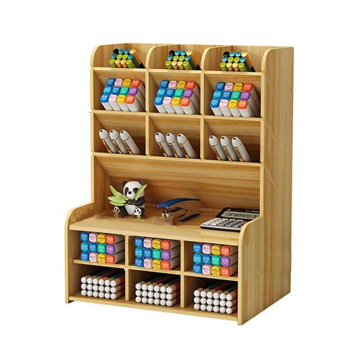 Wooden Pencil Pen Storage Box Tilting Desktop Stationary Holder Organizer Home Office Supplies