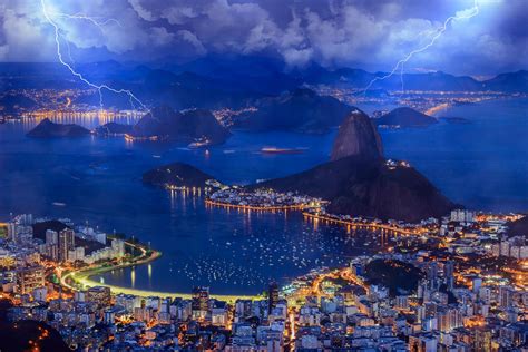 Brazil Town Of Rio De Janeiro Bay Gulf Night Sky Clouds