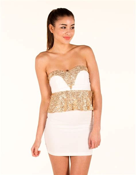 White Strapless Gold Sequin Peplum Dress Partydress Homecoming Sequin Peplum Dress Dresses