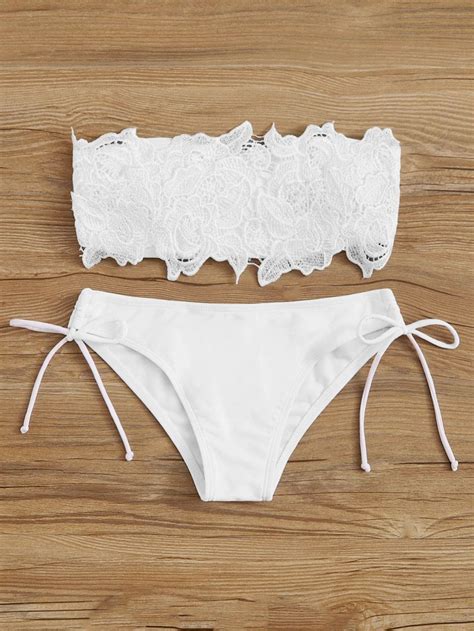 guipure lace white bandeau swimsuit with self tie bikini bottom bikinis white bikinis tie