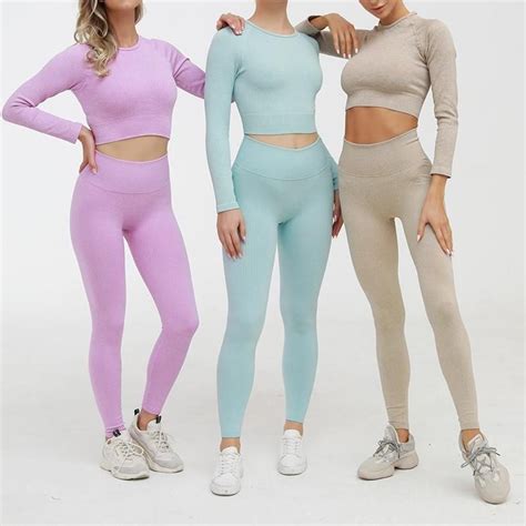 Luxe Two Piece Ribbed Long Sleeve Yoga Set Crop Top And Leggings Activewear Sets Cute