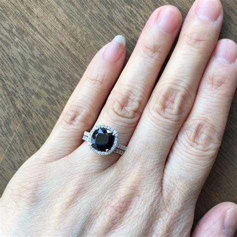 Halo Diamond Black Spinel Engagement Wedding Ring Set In 14k Perfect