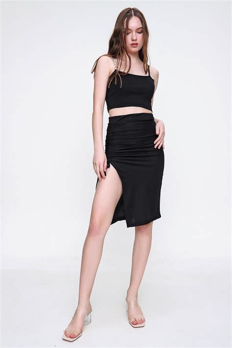 trend alacati style women black so shirred slits skirt alc x6281 skirts aliexpress