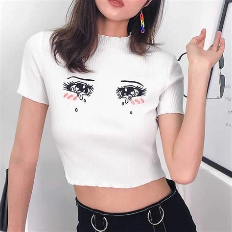 Normcore Studios Big Eyes Embroidery Curly Edge White Cropped Top