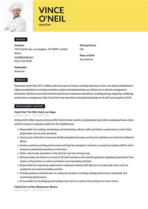 Head Chef Resume Template Chef Resume Dental Assistant Guided Writing