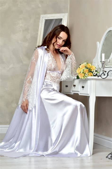 Buy White Long Bridal Robe And Nightgown Set Satin Lace Peignoir Online In India Etsy