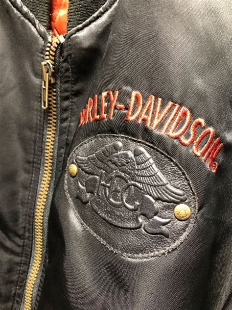 Harley Davidson Nylon Bomber Jacket Embroidered Logos And Front Leather