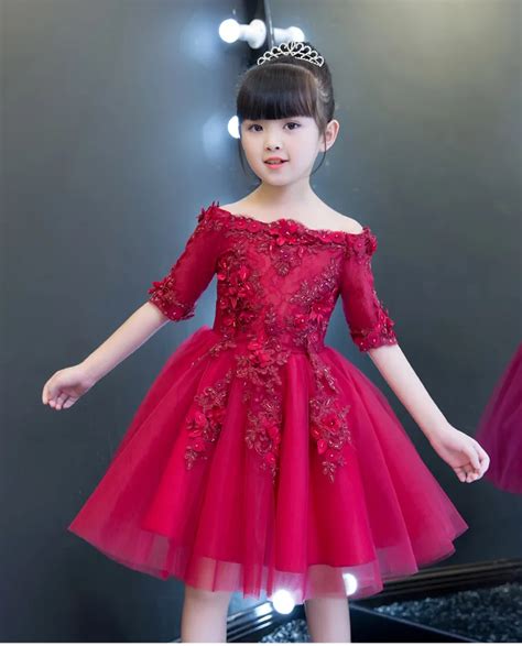 2017 Red Tulle Shoulderless Flower Girls Dresses For Wedding Appliques Formal Girl Birthday