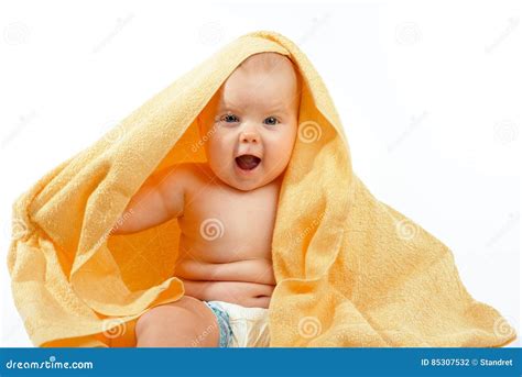 Baby In Yellow Towel Stock Photo Image Of Innocent Happy 85307532