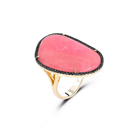 Natural Coral Stone Ring With Black Diamonds Kayali Jewelry