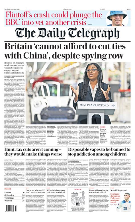 Daily Telegraph Front Page 12th Of September 2023 Tomorrow S Papers