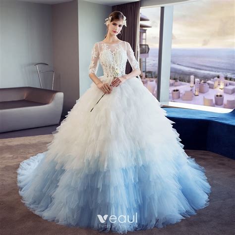 Amazing Unique White Gradient Color Sky Blue Pierced Wedding Dresses