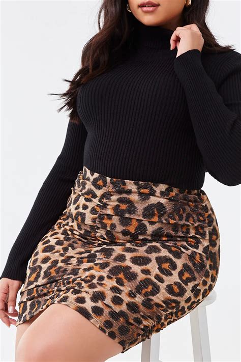 Plus Size Ruched Leopard Skirt In 2020 Plus Size Black Skirt Leopard