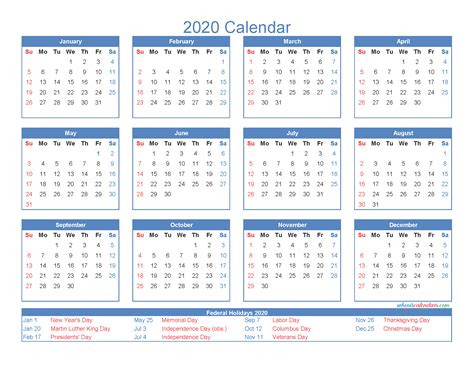 2021 calendar printable template including week numbers and united states holidays, available in pdf word excel jpg format, free download or print. 12 Month Printable Calendar 2020 with Holidays - Free 2020 ...