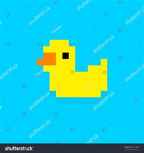 Pixel Art Yellow Bath Duck Isolated On Blue Background