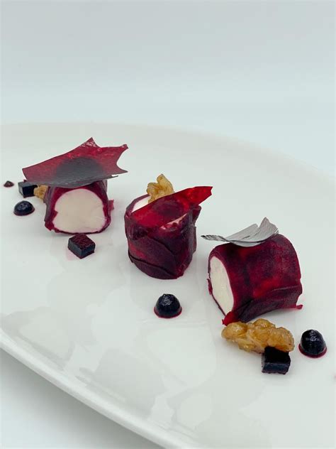 Beetroot Cannelloni With Mató Cheese And Walnuts With Beetroot Textures