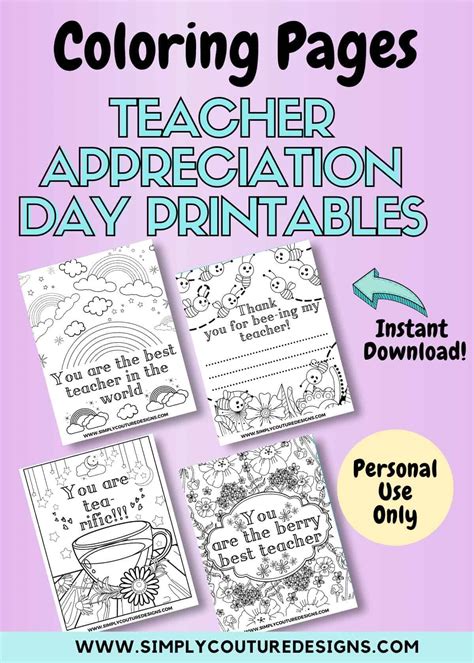 Teacher Appreciation Coloring Page Printables 4 Pages Personal Use