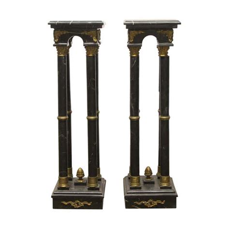 1920s Pair Of Black Marble And Brass Column Pedestals With White