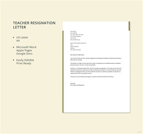 Free Resignation Letter Template For Teacher In Microsoft Word Pages