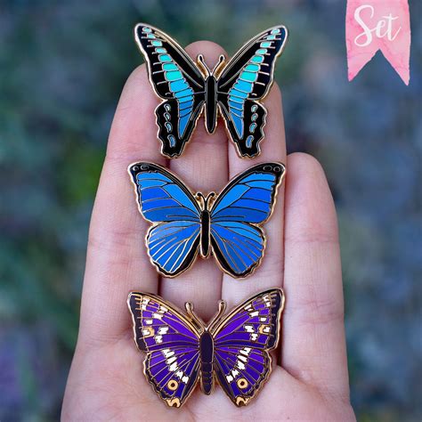 Blue Morpho Bluebottle And Purple Emperor Butterfly Pin Set Botanical Bright Add A Little