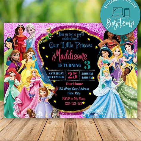 Editable Disney Princess Party Invitation Print At Home Bobotemp