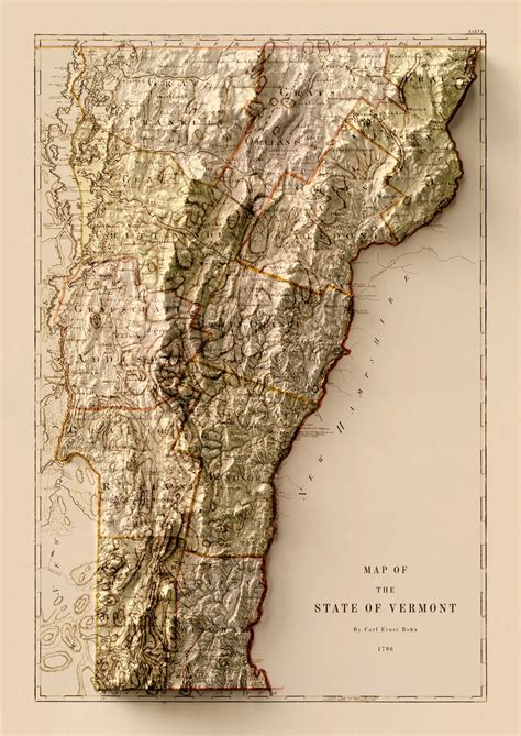 Vermont Map Vermont Relief Map Vintage Map Of Vermont Etsy