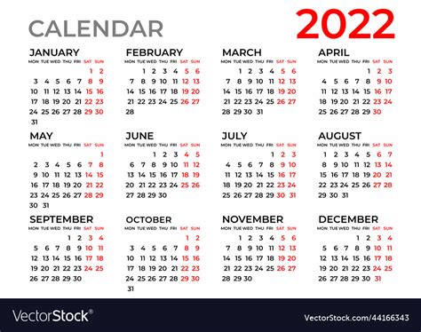 Calendar 2022 Template Planner Year Royalty Free Vector