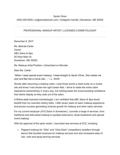 Free Makeup Artist Cover Letter Template And Example On