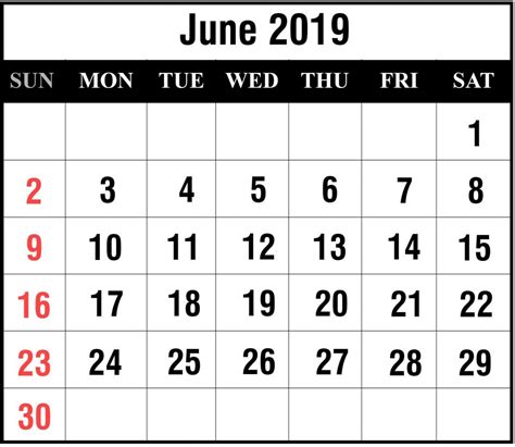 printable june 2019 calendar with holidays pdf word