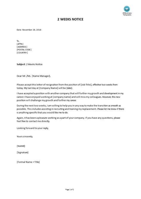 Basic two weeks notice letter. Two Weeks Notice | Templates at allbusinesstemplates.com