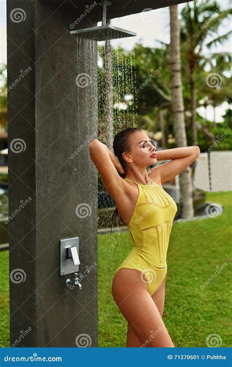 Shower On Beach Woman In Swimsuit Showering At Pool Shower Stock Image Image Of Body Hair