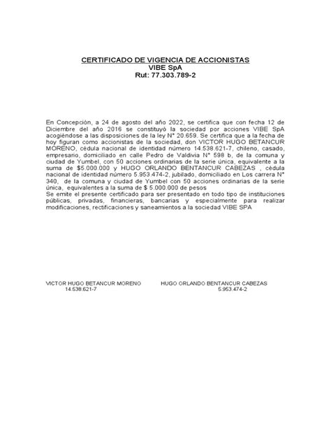 Certificado De Vigencia De Accionistas Pdf