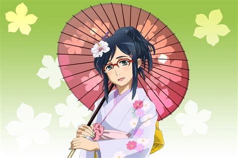 Anime Girl Brunette Kimono Umbrella Glasses Wallpaper