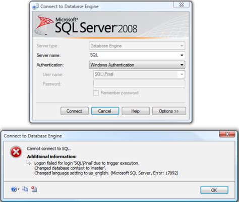 Sql Server Fix Error Logon Failed For Login Due To Trigger Execution Changed