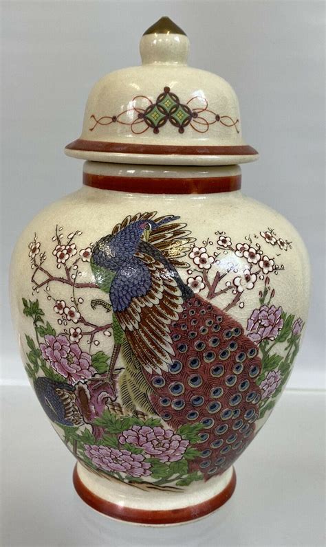 Japanese Ginger Jar With Lid Peacock Floral Art Vintage Urn Vase MCI Japan Ginger