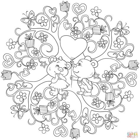 Dibujo De Mandala De San Valentín Con Dos Ositos Para Colorear