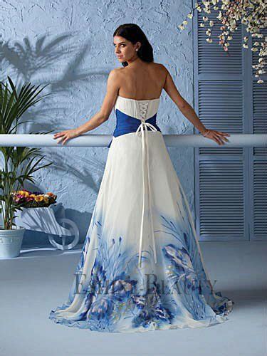 Beautiful A Line Printed Royal Blue And White Wedding Dresses Blue